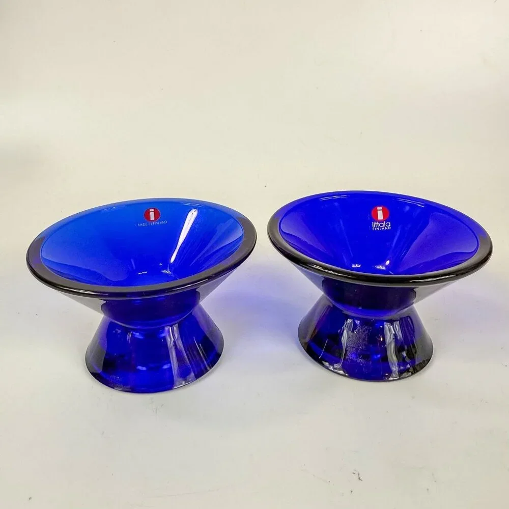 Iittala Kartio Glass Candle Holders Cobalt Blue Kaj Franck Finland MCM